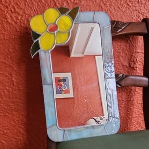 Stained Glass Mirror with Yellow Flower Accent. Circa 1980's